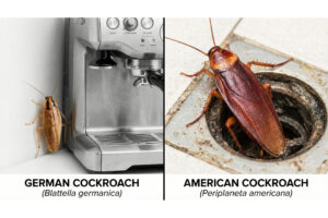 Comparativo visual entre a pequena barata germânica (esquerda) e a grande barata americana (direita) em ambiente de cozinha.