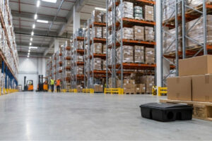 Porta-isca para controle de roedores posicionado em galpão logístico.