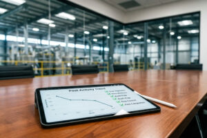 Tablet exibindo gráfico de tendências de controle de pragas e checklist de auditoria em sala de reunião corporativa.