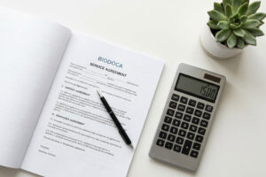 Calculadora, caneta e contrato corporativo sobre mesa branca, representando economia e gestão de facilities.