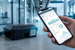 Smartphone realizando a leitura de um QR Code em uma estação de isca para controle de pragas digital.