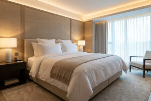 Quarto de hotel de luxo limpo e higienizado com foco na prevenção de percevejos de cama.